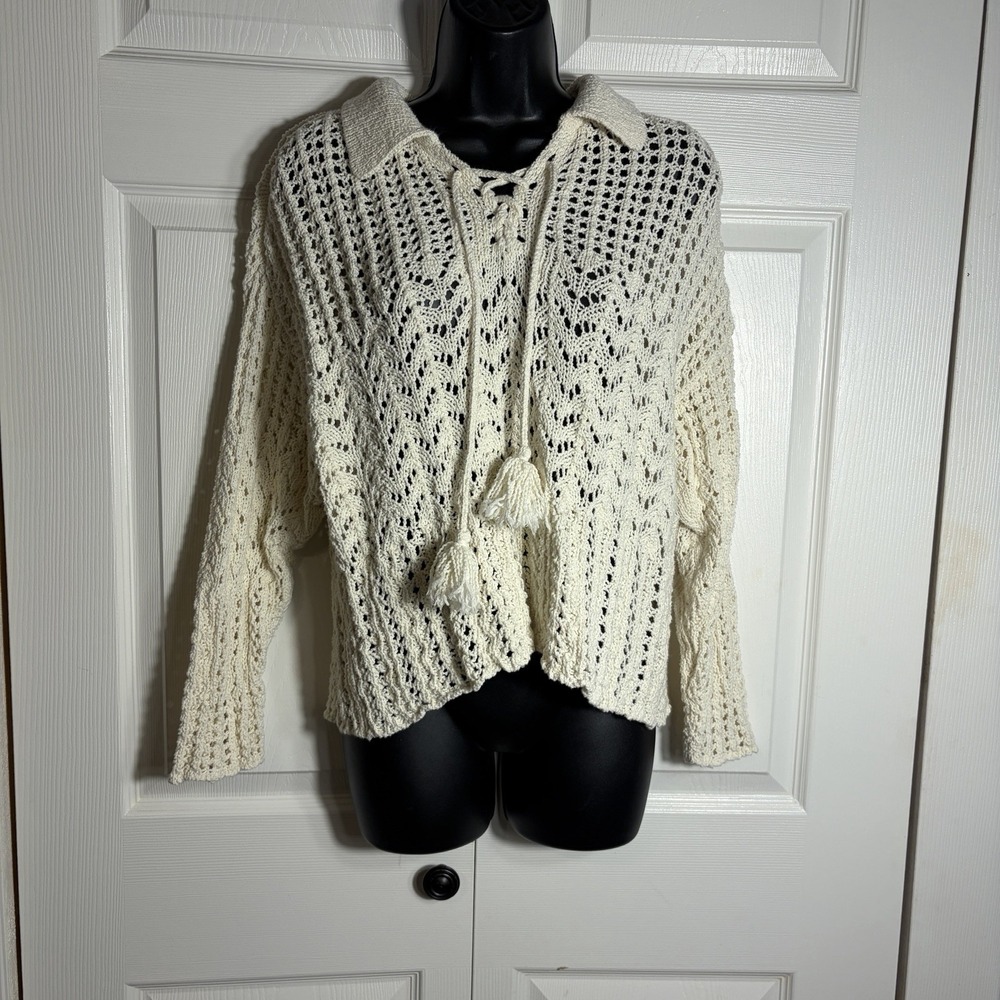 American Eagle Outfitters Open Knit Polo Sweater Women M Cream Lace Up Tassel